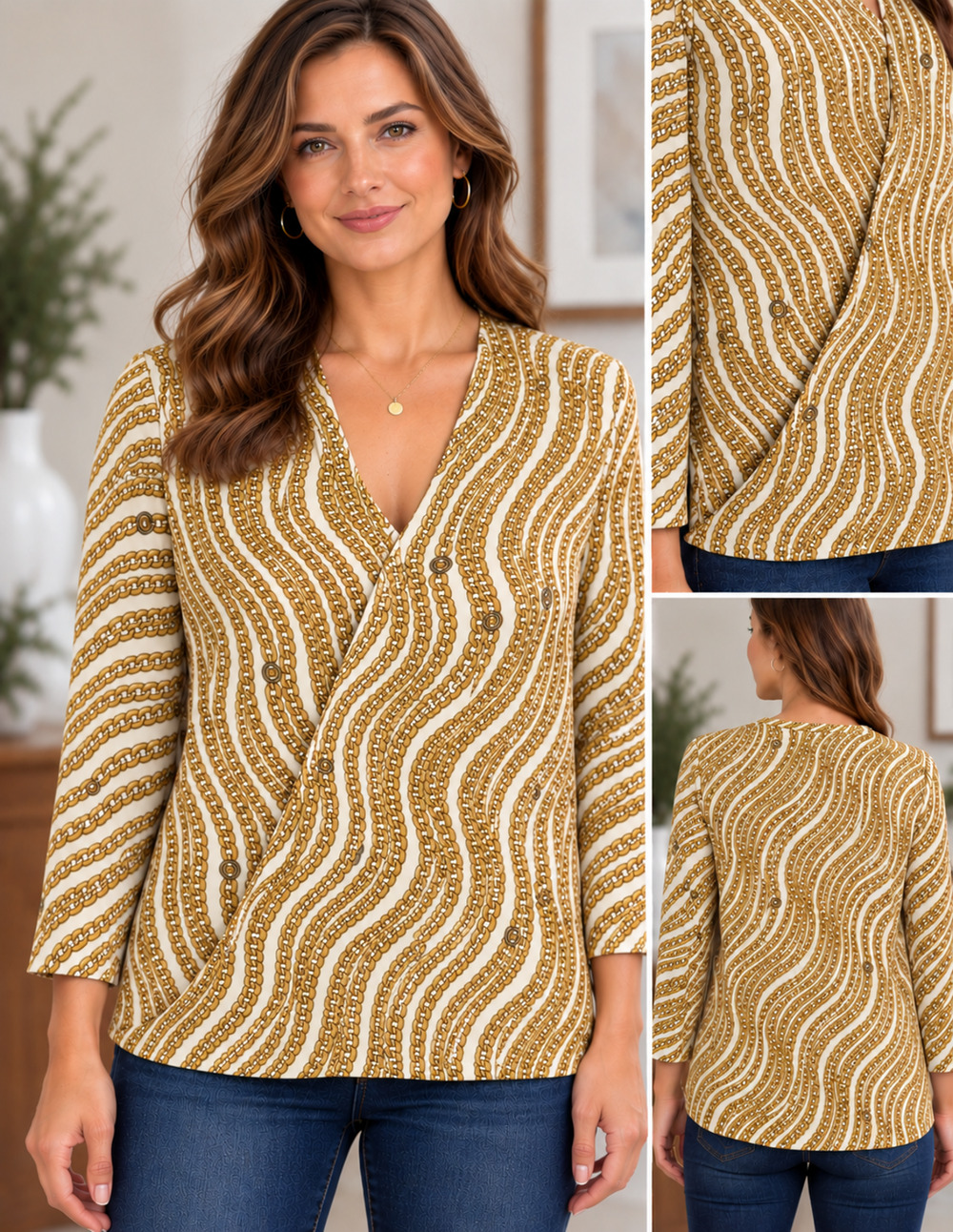 Michael Kors Women’s M Gold Link Chain Print Faux Wrap V-Neck 3/4 Sleeve Blouse